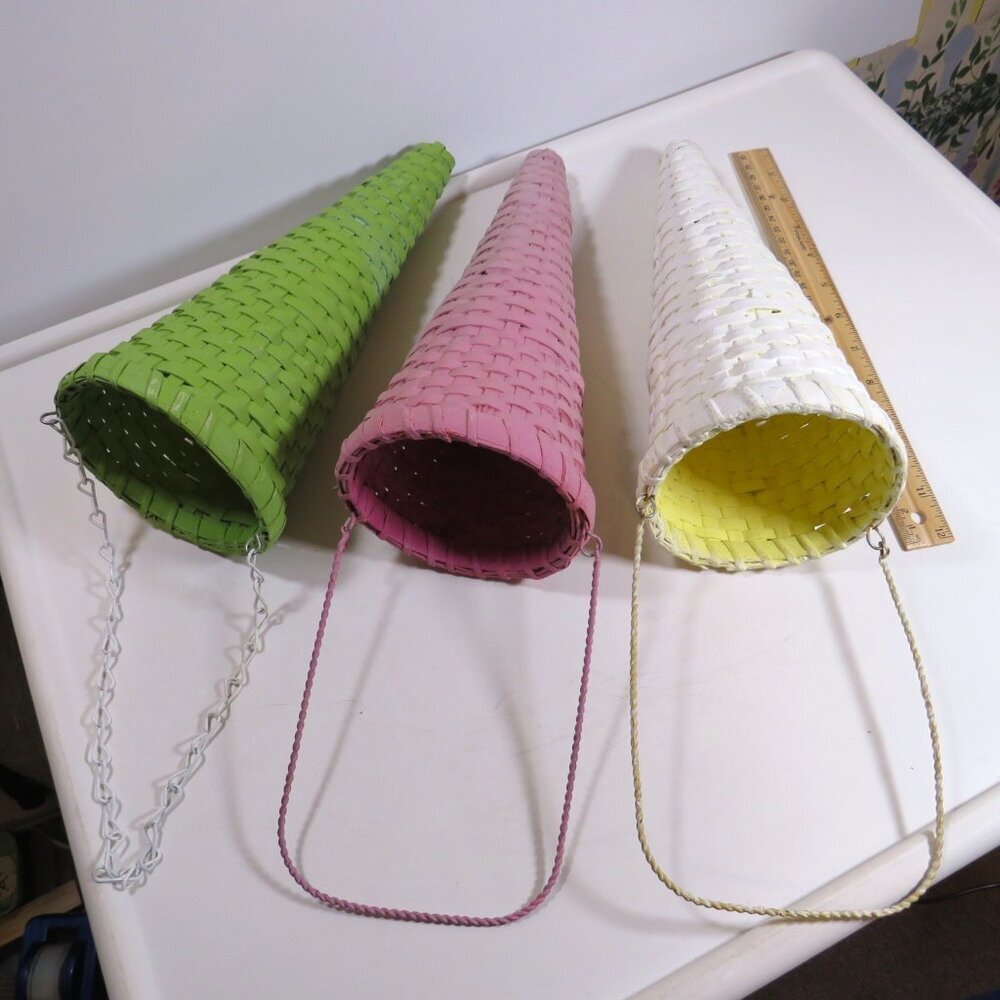 Hanging (3) Cone Woven Baskets with handles for Floral Wall Decor